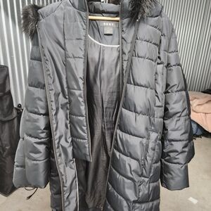 DKNY Charcoal Puffer Coat with Fur Accents